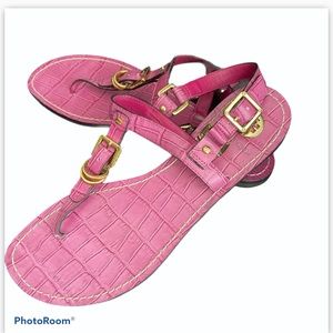 Tory Burch Pink Croc T Strap Sandals